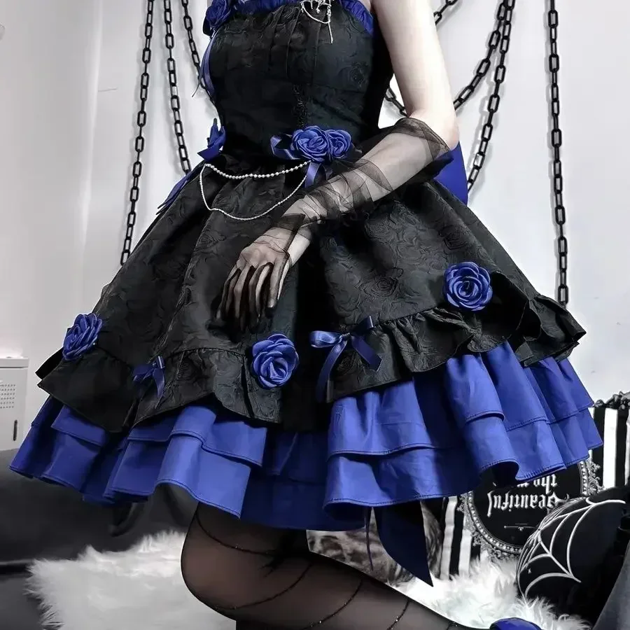 

Vintage Blue Gothic Lolita Jsk Dress Women Elegant Rose Ruffles Bow Princess Dresses Halloween Girls Tea Party Dress