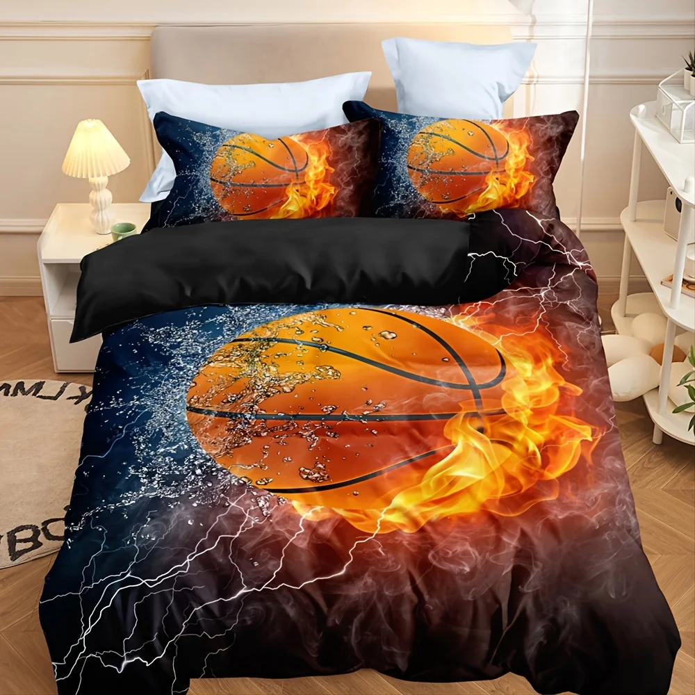 Basketball Fire Duvet Cover Sets Kids Bedding Set 3D Printing Ultra Soft Quilt Cover for Boys (1 Duvet Cover Set+2 Pillowcases)