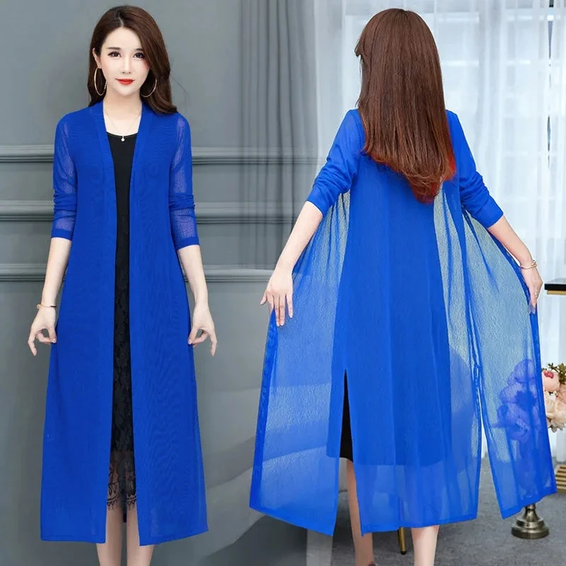 2023 New Solid Color Sunscreen Clothing Women's Mid-length Ice Silk Split Shawl  Summer Mesh Over-the-knee Shawl Cardigan