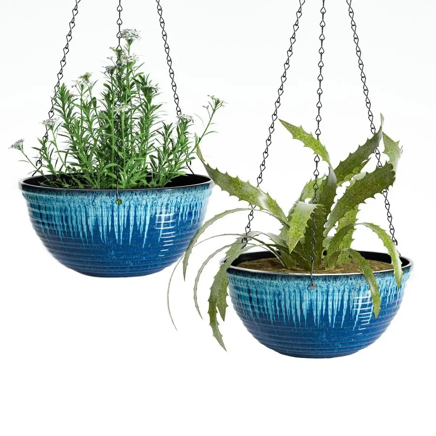 

Подвесные кашпо 12 дюймов для комнатных и уличных растений, 2 больших подвесных цветочных горшка с дренажными отверстиями и цепью, глазурованные, серия Hangi