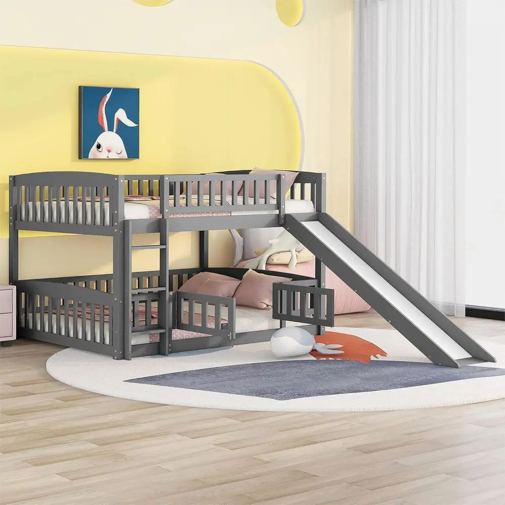 

Gray Twin Over Full Bunk Bed with Slide and Staircase