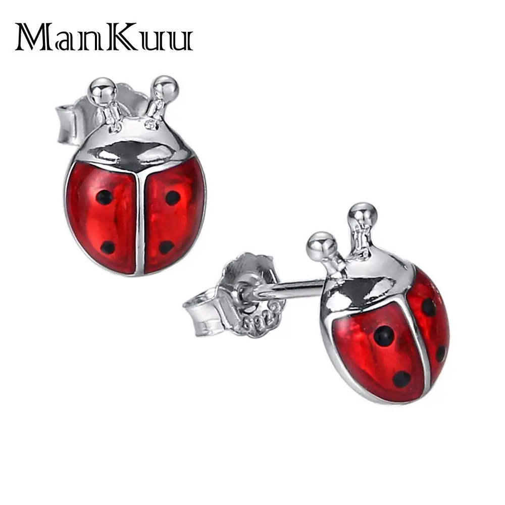 Mankuu Insects Exquisite Cute Red Pink Beetle Ladybug Stud Earrings 925 Sterling Silver For Girl Women Jewelry Gifts