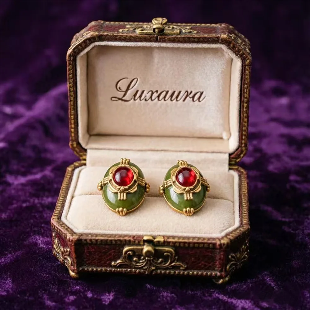 

Vintage jewelry fashion classic oval green stone red zircon earring design paired with bohemian style female earrings