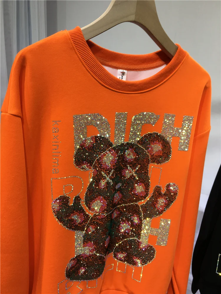 Trendy Hot Blingbling Drilling O-neck Hoodie Top All-match Loose Long Sleeve Orange Sweatshirt Autumn Casual Pullovers Sweater