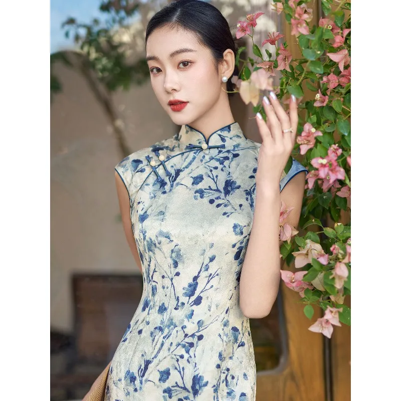 

New Chinese style flower print cheongsam women's improved daily temperament stand-up collar sleeveless dress