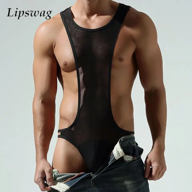 

Sexy Slim Fit See Through Jumpsuits Mens Summer Fashion Mesh Bodycon Pajamas Men Sleepwear Casual Breathable Sleeveless Overalls