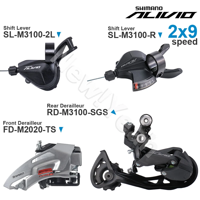 Zestaw SHIMANO ALIVIO M3100 2x9 biegów z przełącznikami SL-M3100-2L SL-M3100-R, przerzutką tylną RD-M3100 i tarczą przednią FD-M2020 - oryginalne części.