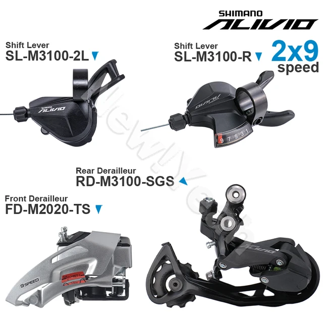 Zestaw SHIMANO ALIVIO M3100 2x9 biegów z przełącznikami SL-M3100-2L SL-M3100-R, przerzutką tylną RD-M3100 i tarczą przednią FD-M2020 - oryginalne części.