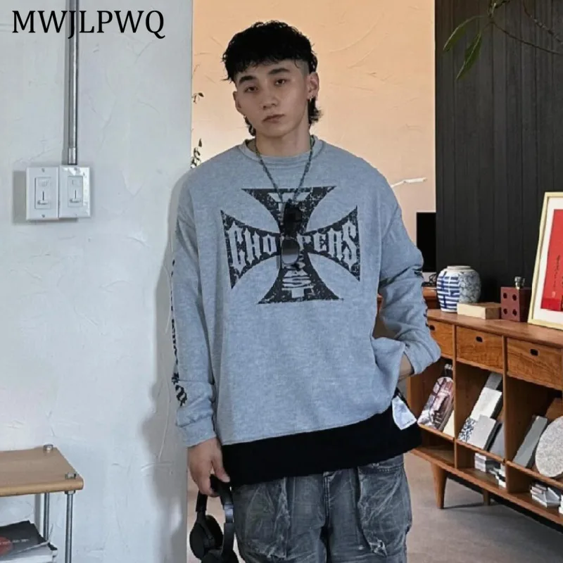 

MWJLPWQ Letter Design Male Long Sleeve T-shirt American Casual VIBE Style High Street Unisex Pullover Loose Casual Tops 11202