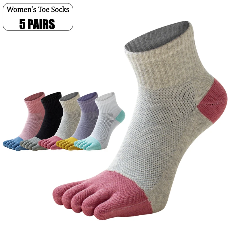 

5 Pairs Women Toe Socks Summer Thin Breathable Mesh Sweat Absorbent Antibacterial Wear Resistant Outdoor Running Sports Socks
