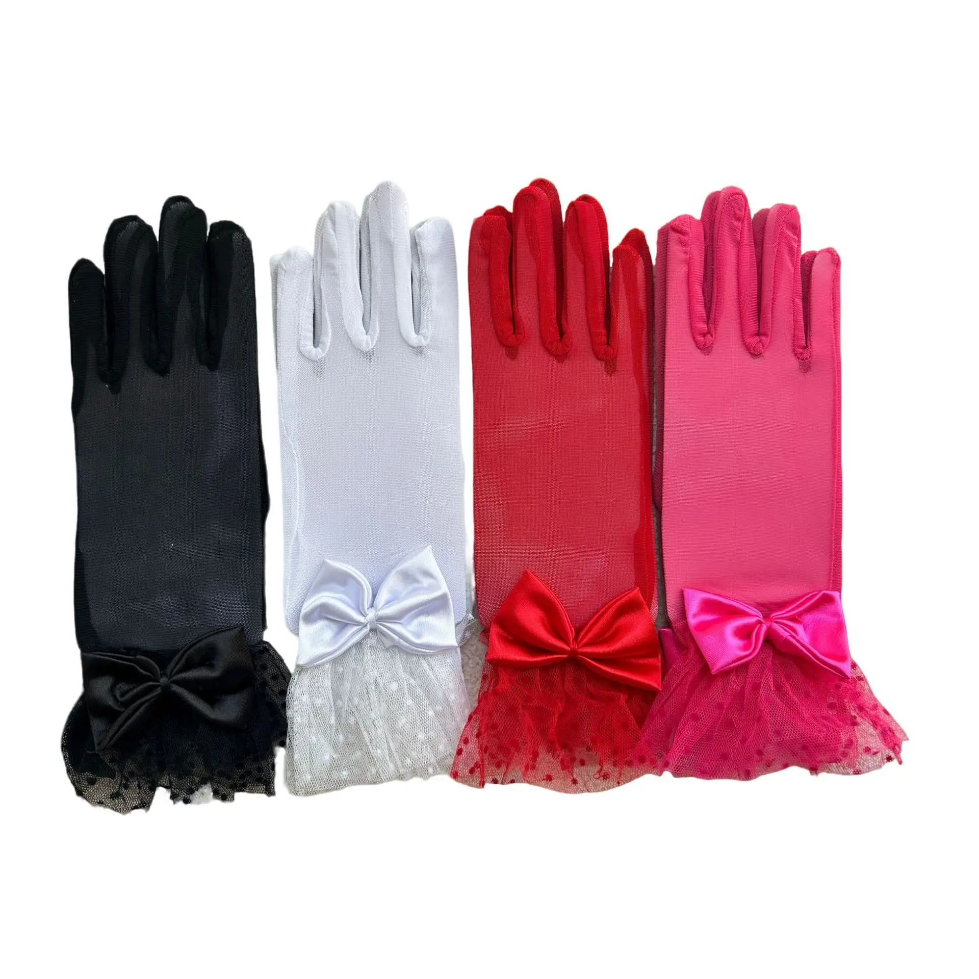 Gloves Women Black Mesh Short Satin Bow Polka Dot Cuff Sheer Bridal Party Performance Lolita Accessory Lightweight Elegant Soft