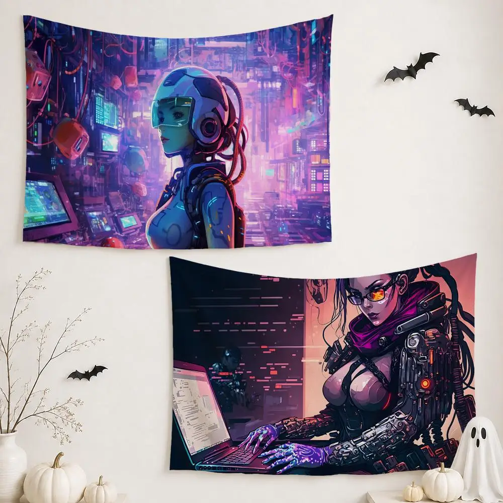 Robot Girl Coding Tapestry Custom Living Bedroom Party Dormitory Interior Wall Bohemian Decoration Attached Clip