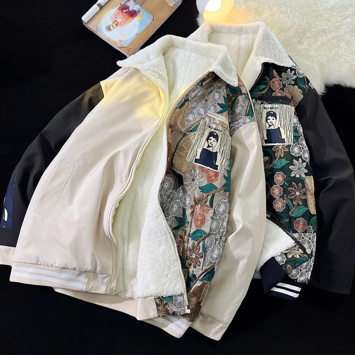 

Мужская зимняя хлопковая куртка с подкладкой из овечьей шерсти, утепленная, с вышивкой, теплая, большого размера, повседневная, Cleanfit, на молнии