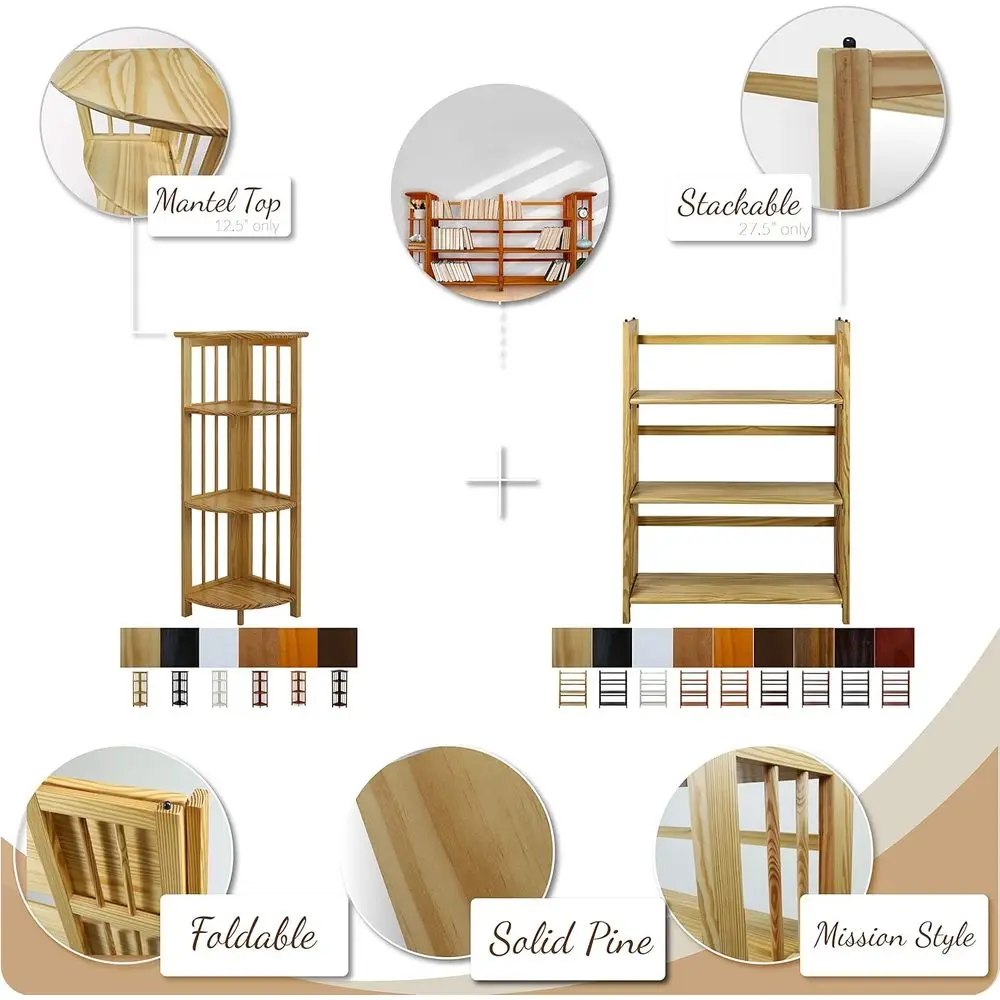 رف كتب قابل للطي من خشب الجوز مكون من 3 طبقات، عريض 27.5، قابل للتكديس (جديد) #4