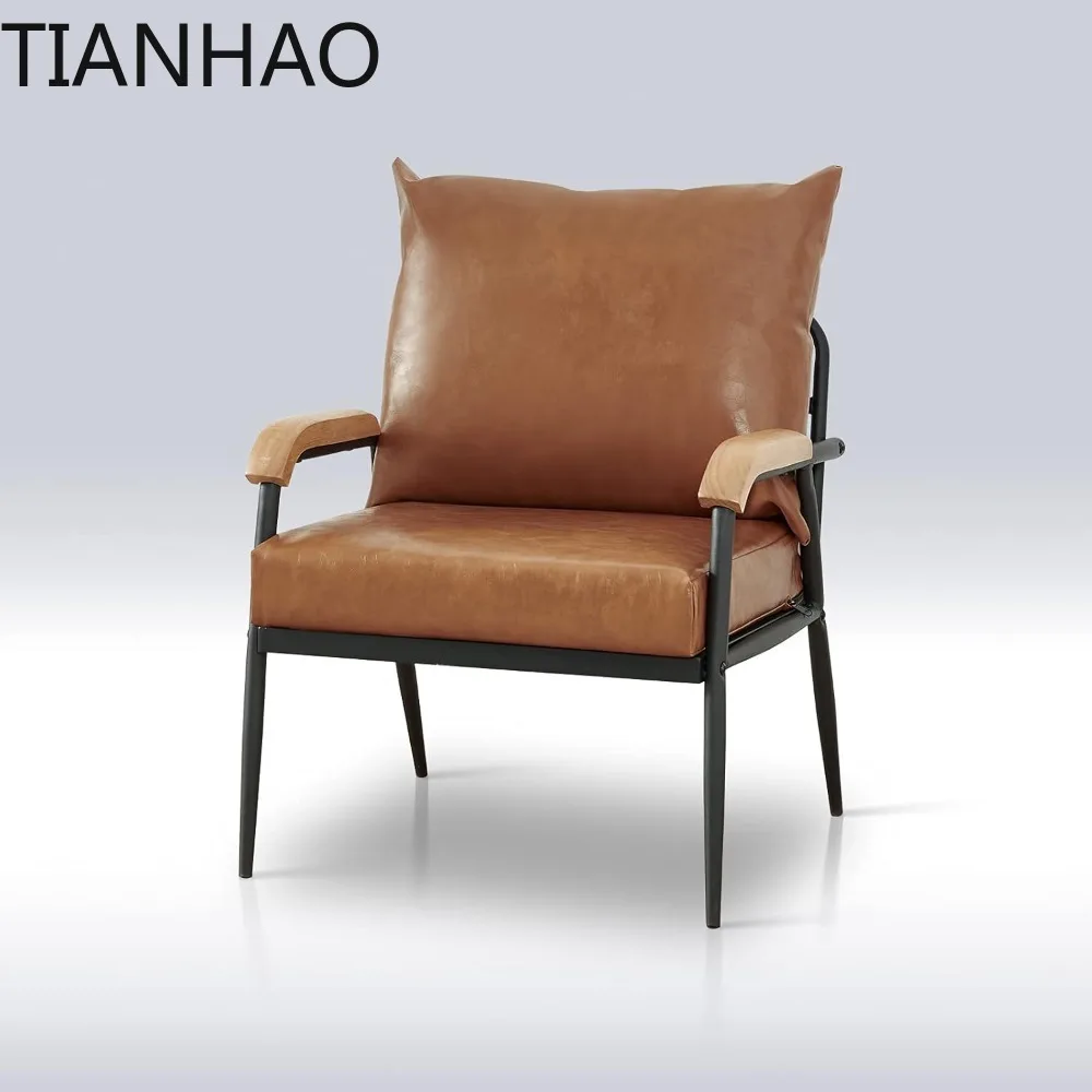 Leather Single Sofa Couch, Modern Accent Chair with Solid Wood Armrest and Sturdy Metal Frame