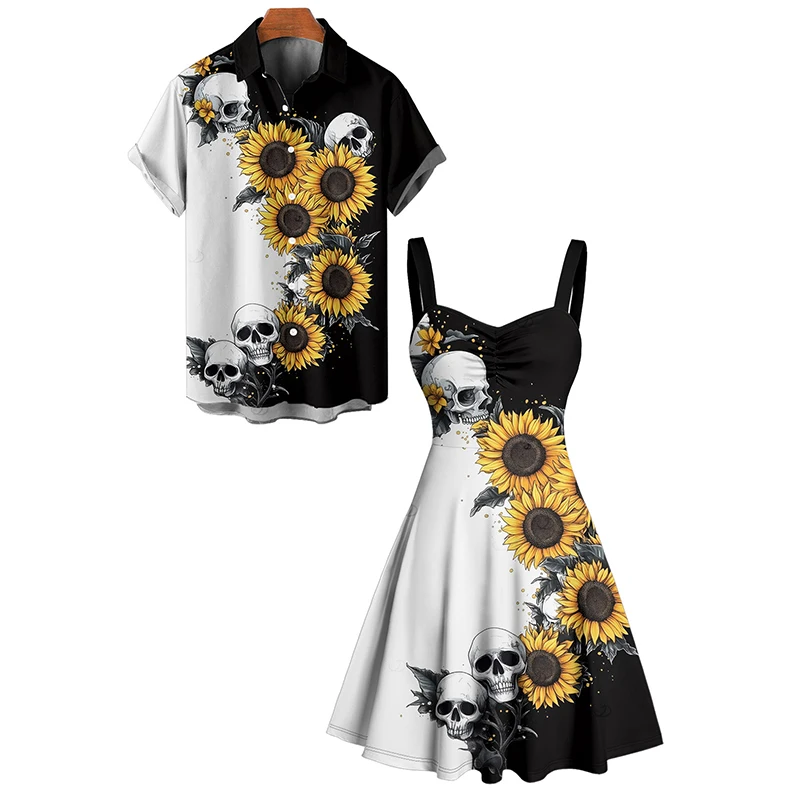 Gothic Couple Outfit Contrast Color Sunflower Skulls Pattern Ruched Bust Sweetheart Neck A Line Mini Dress and Button Up Shirt