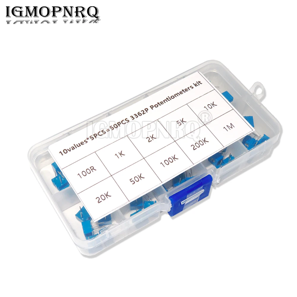 

50PCS 10Values*5PCS 3362P 500R-1M Multiturn Trimming Potentiometers Kit 3362 Potentiometer 500 Ohm-1M ohm