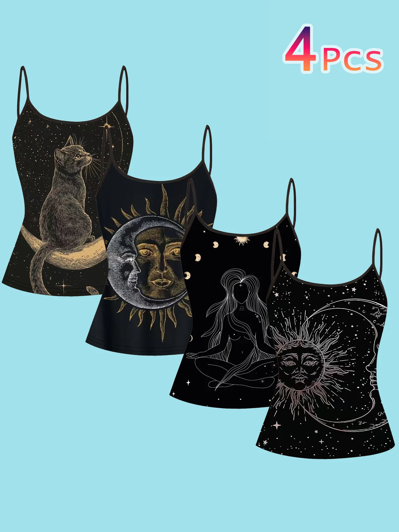 4-Piece Set of Women's Spaghetti Strap Camisoles with Black Background, Featuring Starry Sky, Black Cat, Sun and Moon, Human Face, Mysterious Astrology, Line Art Print, Slim Fit Sleeveless Tops