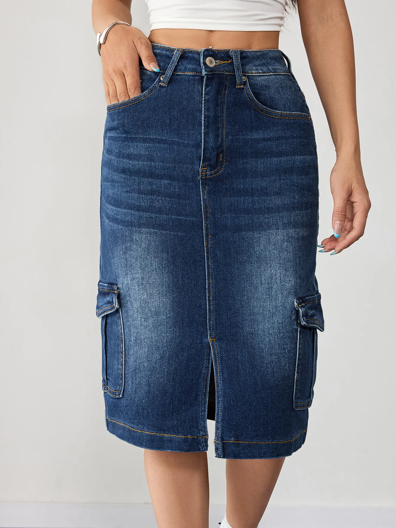 تنورة جينز نسائية عالية الخصر من قماش الدنيم مقاس كبير، تنورة جينز متوسطة الطول مريحة للسيدات المتعرجين #2