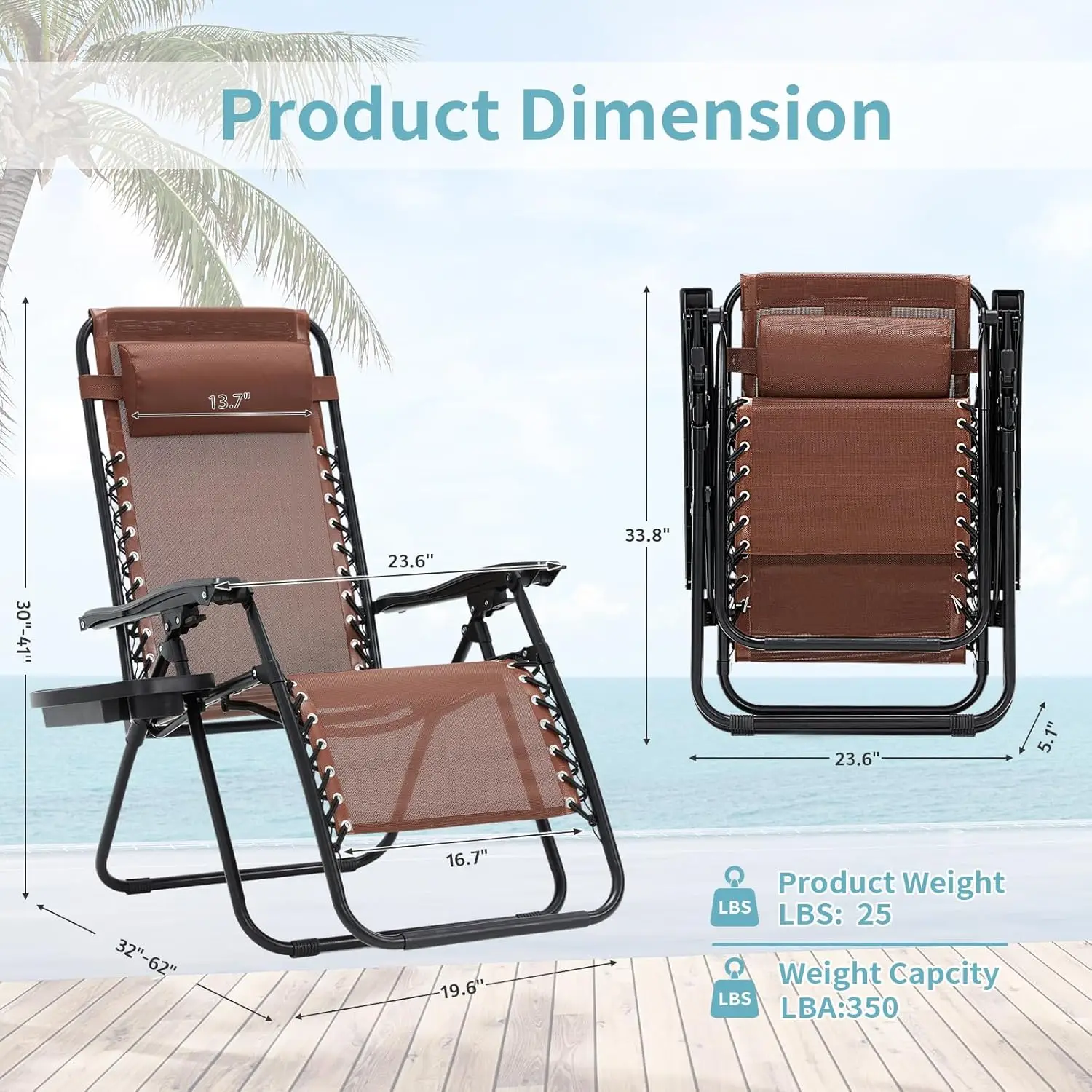 

Zero Gravity Chairs Set of 2, 350lbs Capacity Folding Outdoor Patio Recliner with Adjustable Headrest & Cup Holder