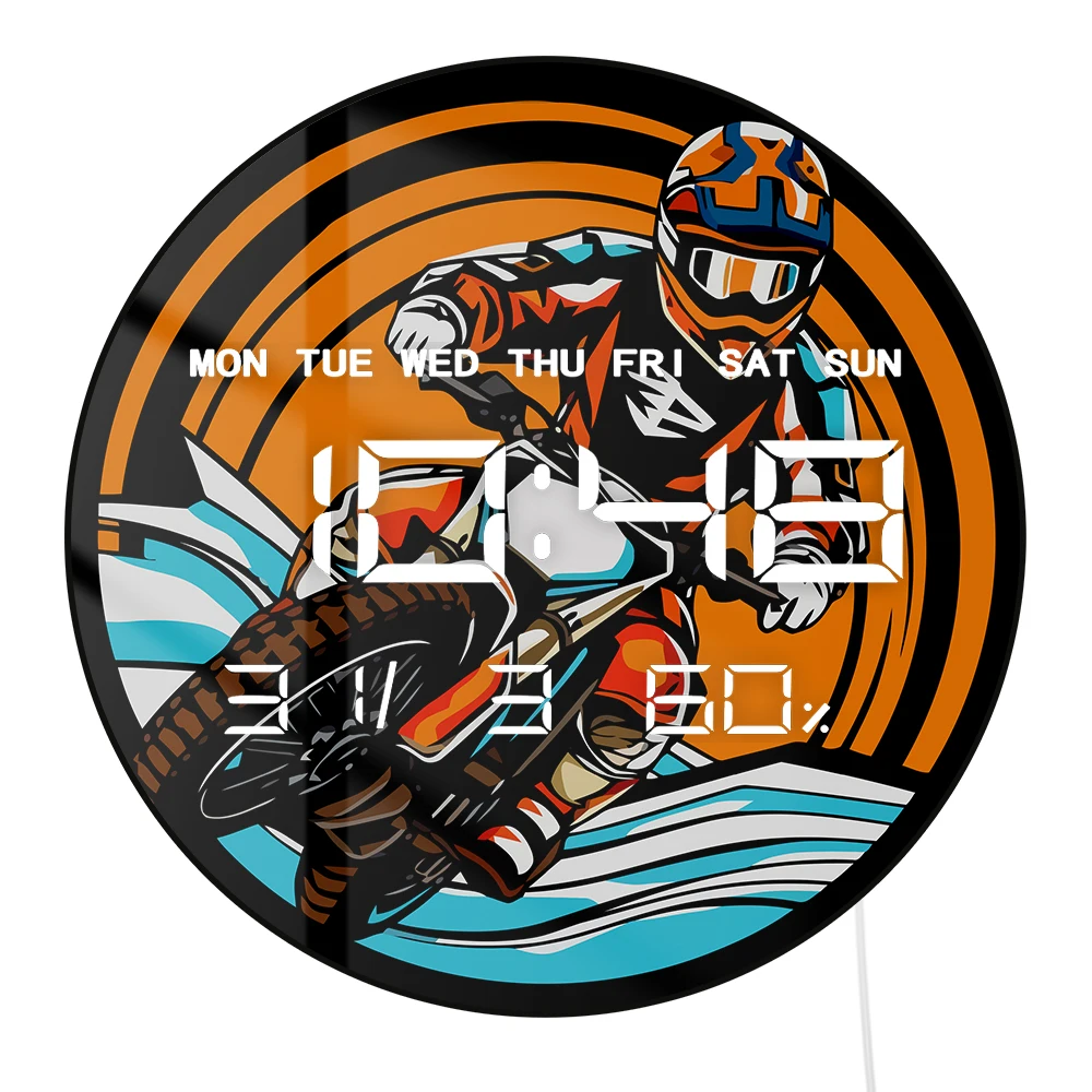 Motocross Race Dual Purpose Digital Clock Wall Desk Use Dirt Bike Electric Wall Clock with Calendar Temperature 12/24hr Format