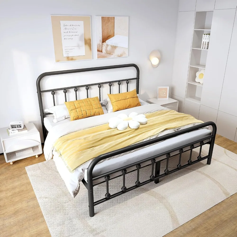 إطار سرير معدني بحجم كينج مع لوح رأسي، قوي وشديد التحمل، ودعم شريحة فولاذية، وحل تخزين تحت السرير