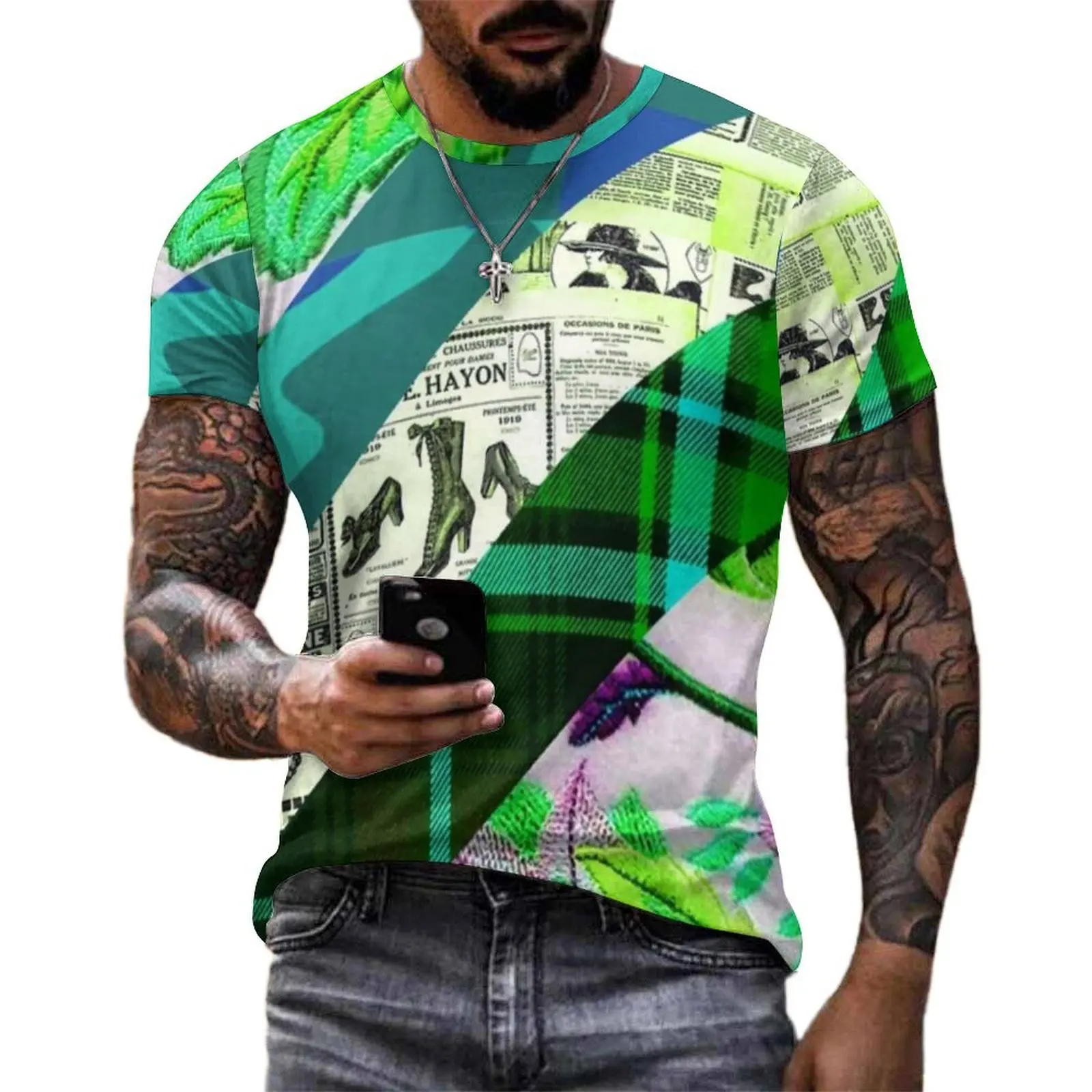 Funny Newspaper T-Shirt Men Flowers Strips Print Y2K Casual T-Shirts Beach Vintage Tees Short-Sleeve Graphic Oversized Tops