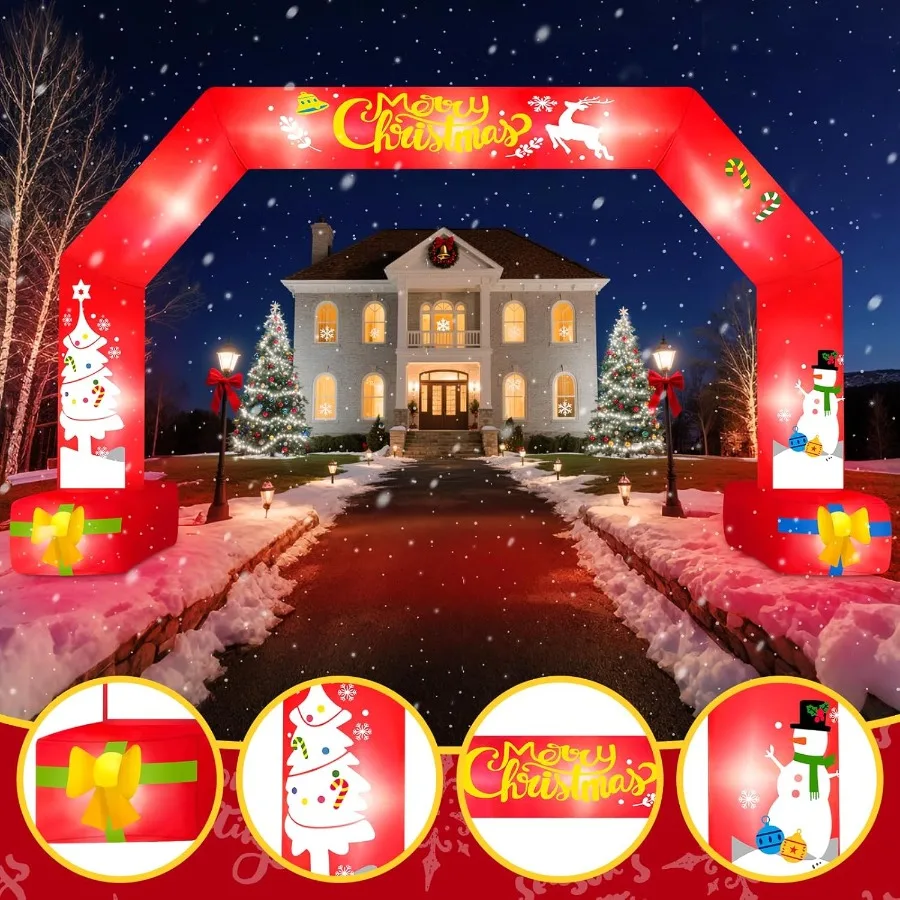Gerbang Natal Tiup Raksasa 20 Kaki, Gerbang Natal Merah Tiup untuk Dekorasi Halaman Luar Ruangan dengan Lampu Terpasang