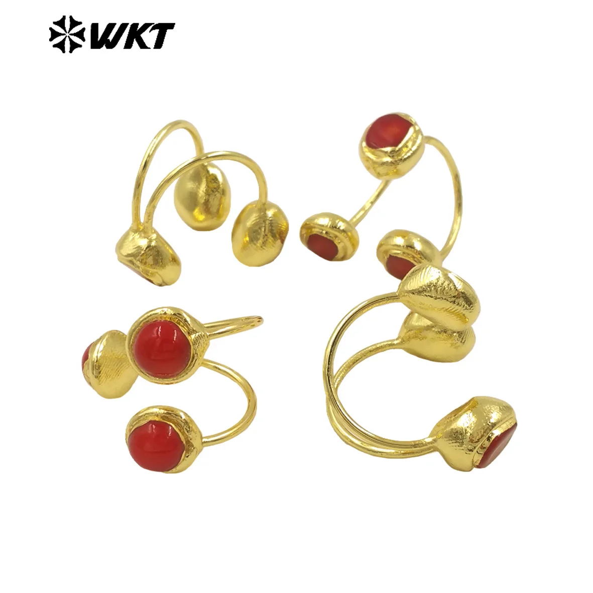 WT-MPR119 Natural Red Coral Fix Round And Randomly Flat Wraparound Design With Yellow Brass Fine Ring Accessory