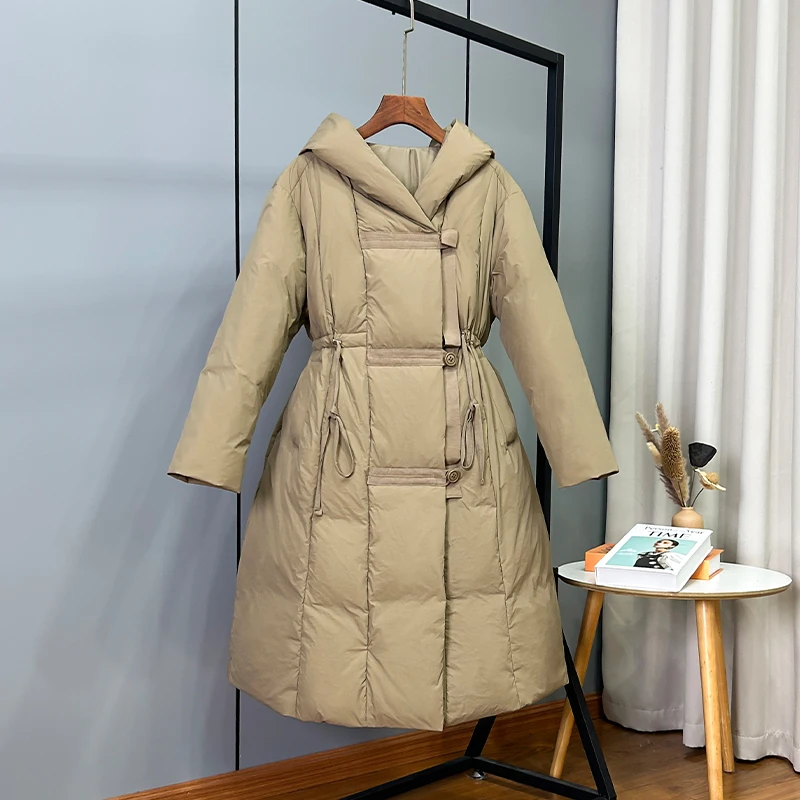 2023 Winter New Large Waist Down Coat for Women Mid Length Windproof Hood Thickened Warm Single Breasted White Duck Down Coat