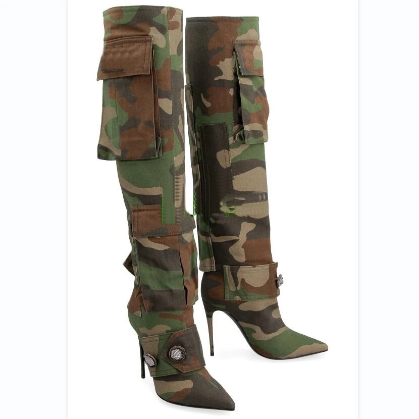 Pointed Toe Camouflage Patchwork Pants Pocket Buckle Decoration Over the Knee Boots Back Zip Mixed Color High Heel Shoes