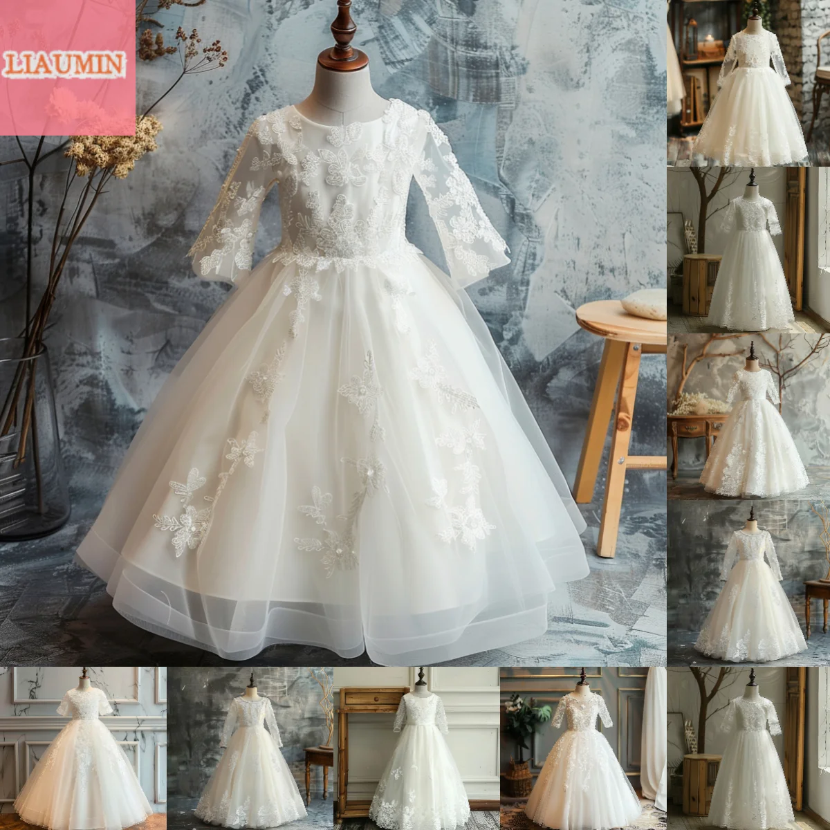 

New White Lace Applique Long Sleeve Floor Length Flower Girl Dresses Brithday Party Princess First Communion Pageant Skirt W8-39