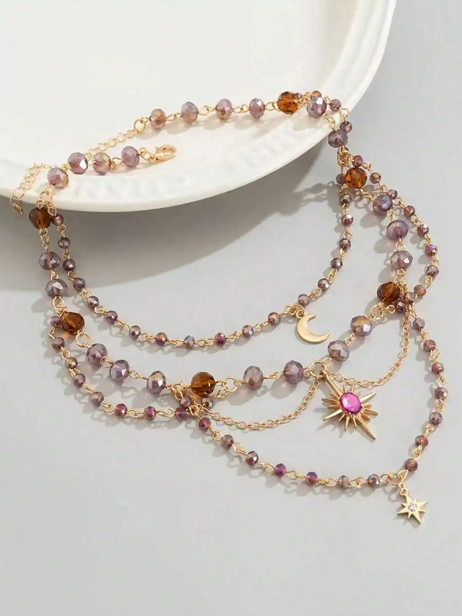 Elegante collar de cadena con cuentas de varias capas con dijes de sol, luna y estrella para uso diario, fiestas o festivales.