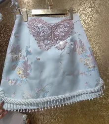 Luxury Vintage Beading Tassel Faldas 2024 Short Skirt High Waist Mini Sequined Embroidery Skirt For Women Clothes