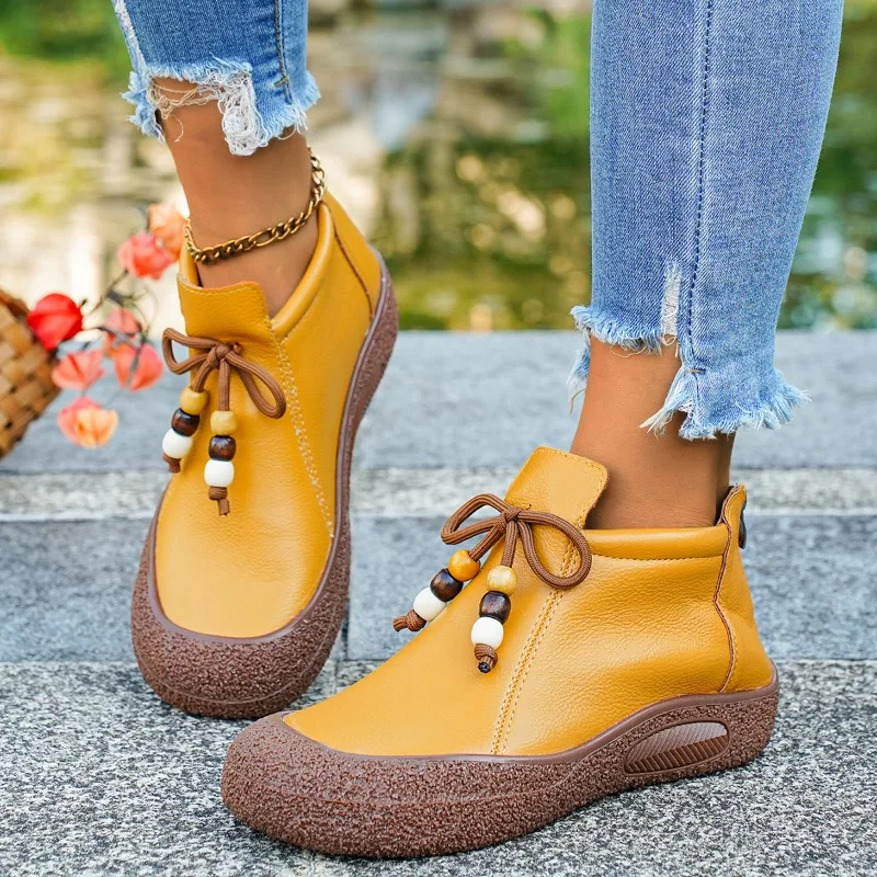 Women Retro Ankle Boots 2025 New Lace-Up Casual Flat Heel Lady Boots Lace Up Round Toe Rubber Mid-Calf Elegant Shoes Women
