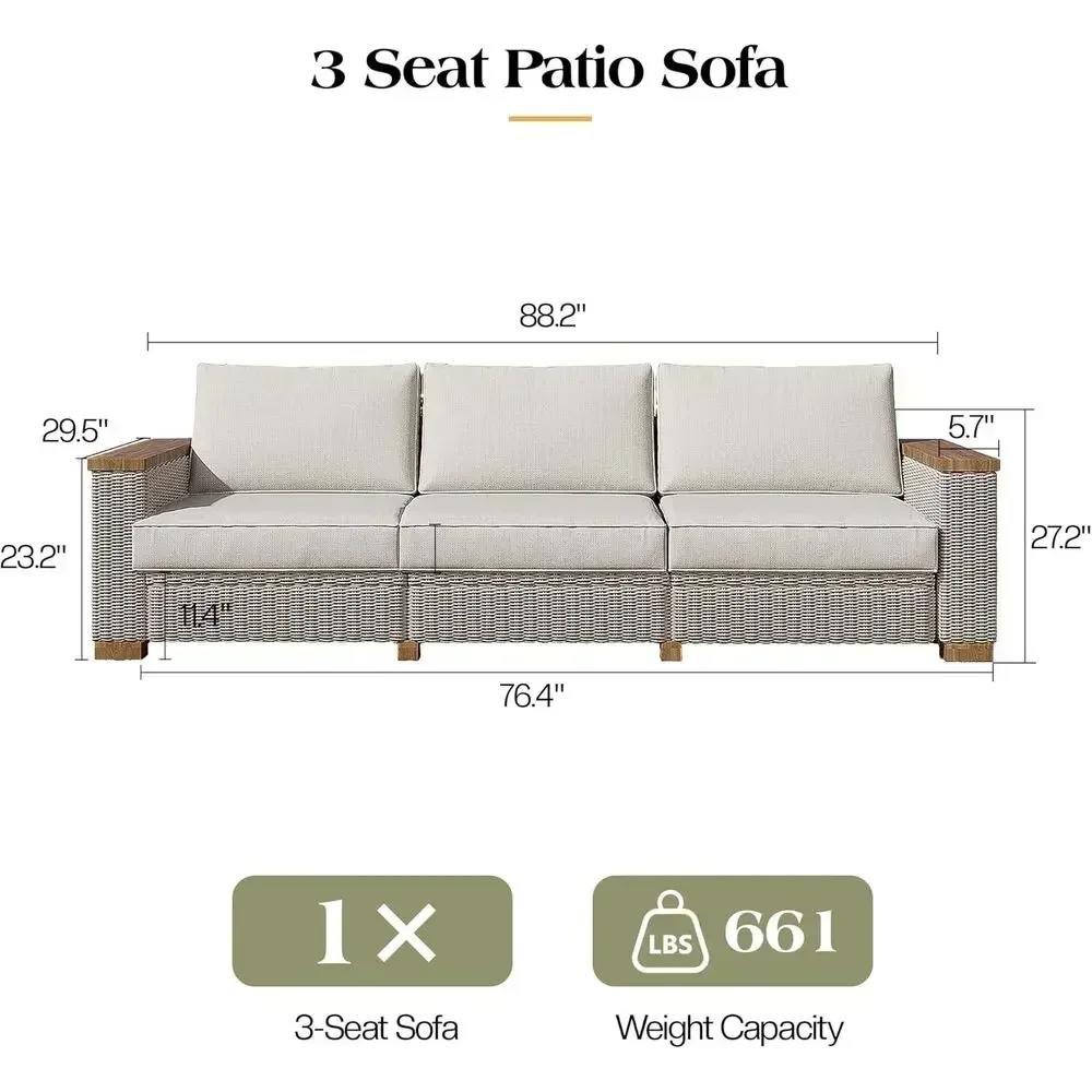 3-Seat Outdoor Patio Sofa, Weather-Resistant Wicker Couch, Solid Wood Arms, 4.7 Thick Cushions, UV-Protected for Porch, Backyard