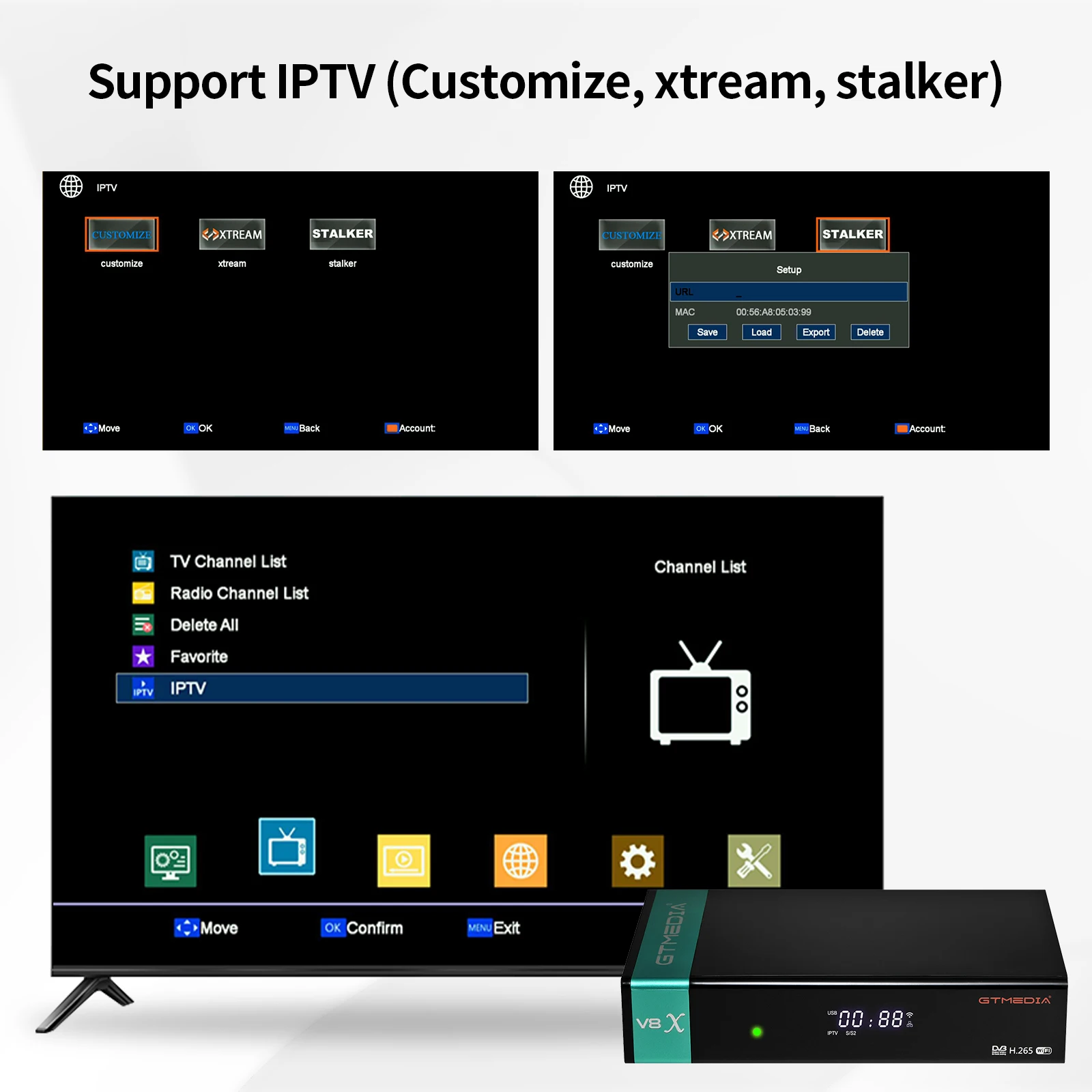 GTMEDIA V8X Xtream satellite TV decoder StalkerMAC STB CCCAMD NEWCAMD Media Player in stock in Chile