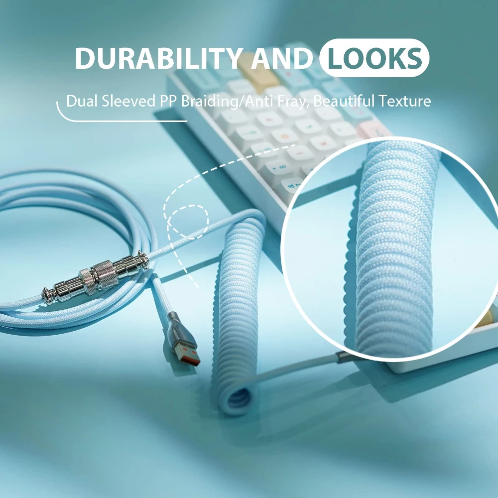 NNBILI Macaron 1.8m Coiled Type-C to USB A TPU Mechanical Keyboard Cable with Detachable Aviator Connector for Gaming Phone