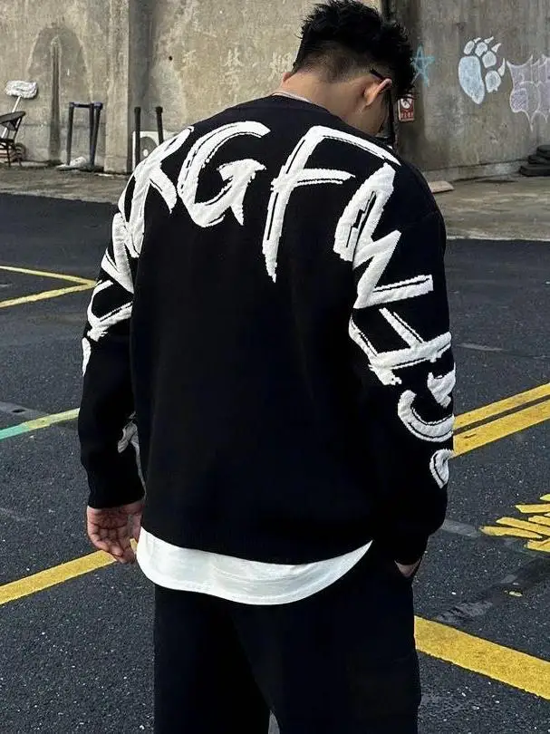 

Вязаный свитер большого размера для осени и зимы, в стиле ретро, с надписью, круглый вырез, женский, американский стиль, повседневный, свободный крой, для пар