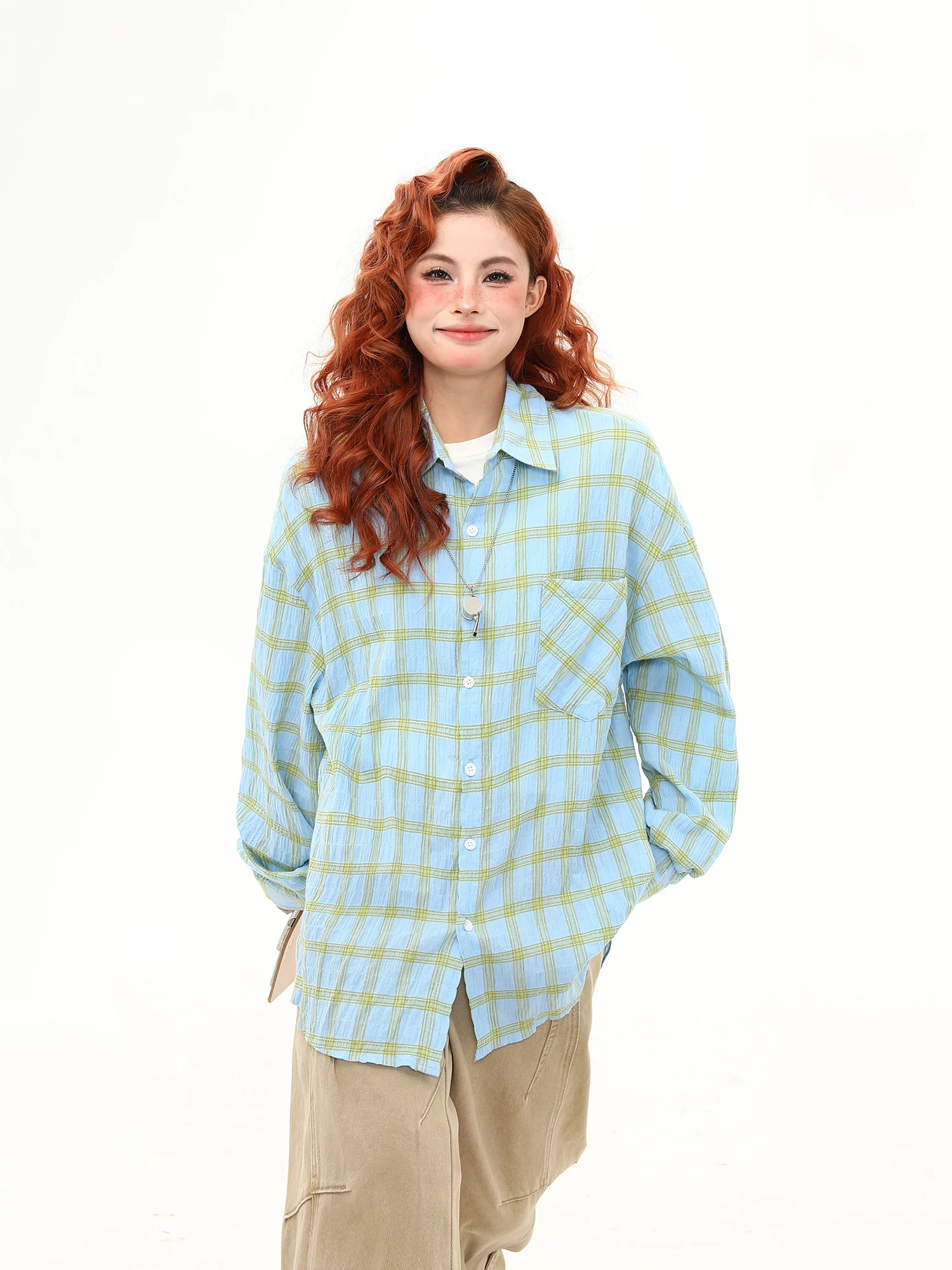 

Wild Azi Texture Plaid Long Sve irt Jaet Women's Autumn New Sle Personali Outerwear Trendy Street Sle Loose Fit