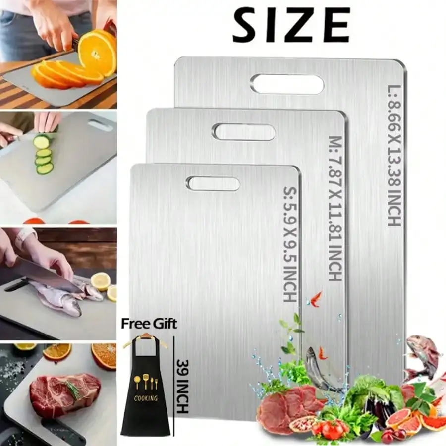 3 PCS Stainless Steel Cutting Boards, 0.04 IN Thick, Slim Portable Cutting Board,Comes With Apron, Kitchen Cutting Board, Easy To Clean, Kitchen-Ready, Space-Saving, Rust-Resistant, Halloween And Christmas Gifts