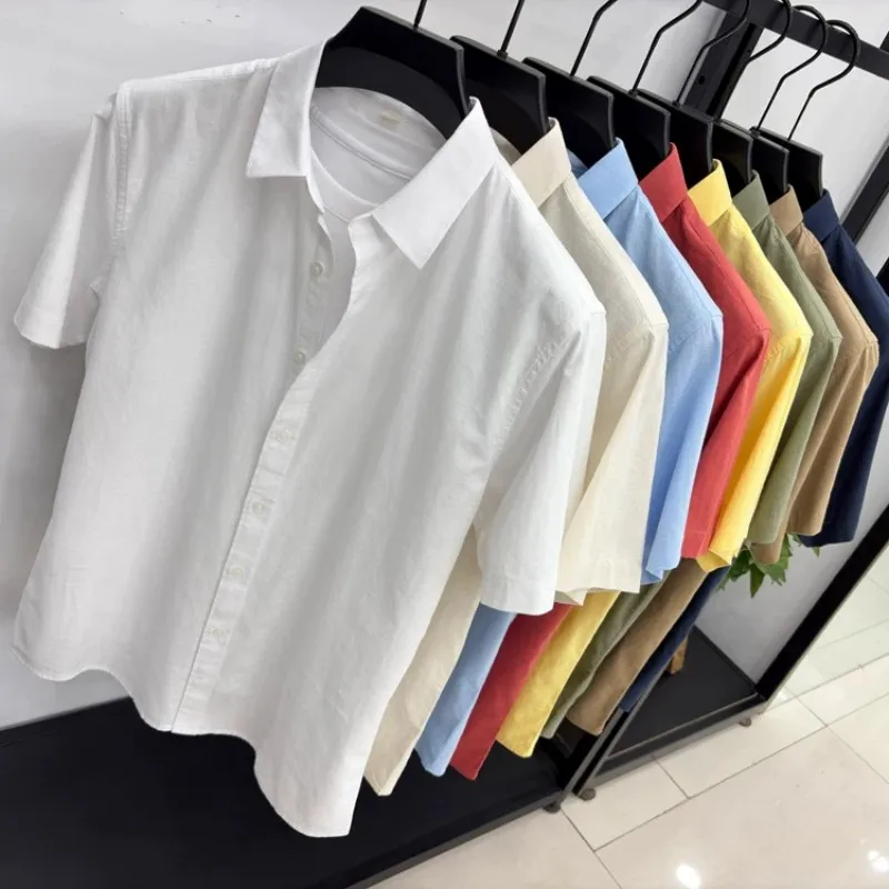 Summer new men's short sleeved men's candy colored wrinkle resistant casual loose solid color linen shirt