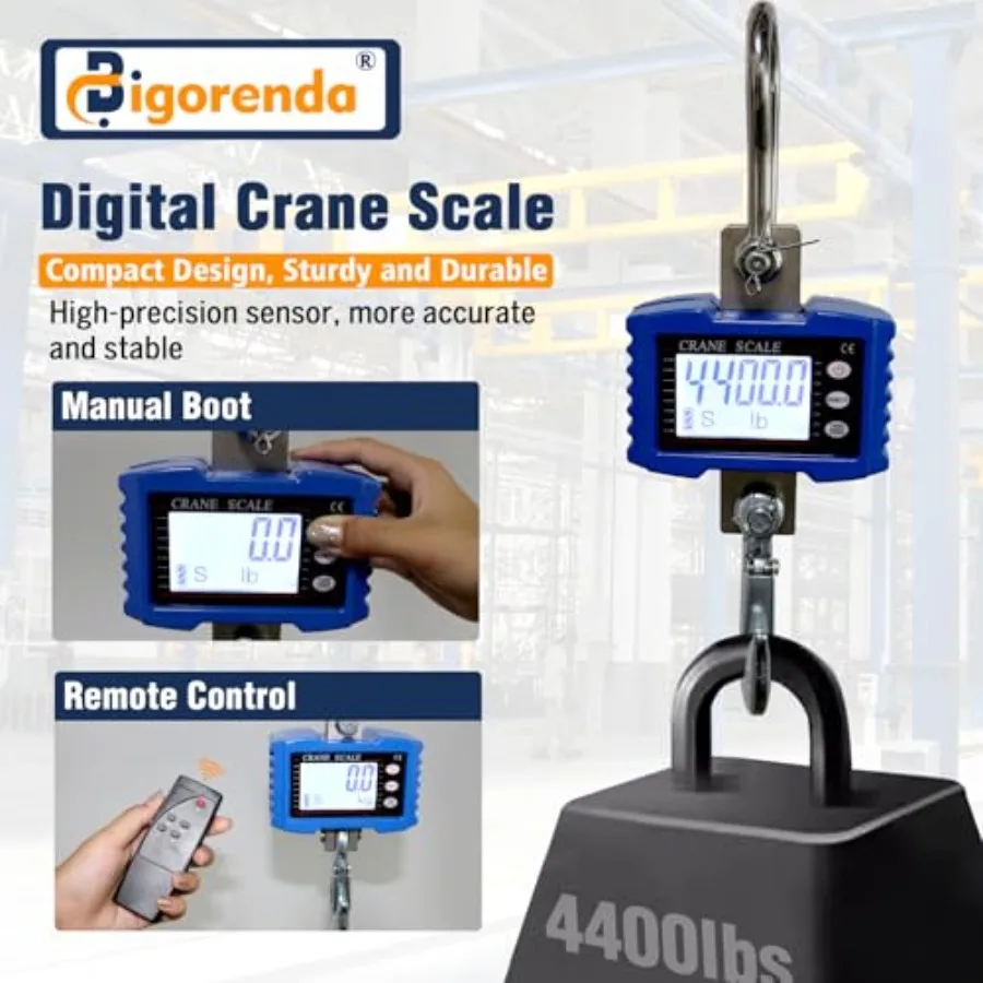 Industrial digital crane scale for market, factory, construction; steel body, black; 4410lb capacity, remote control, LCD scree
