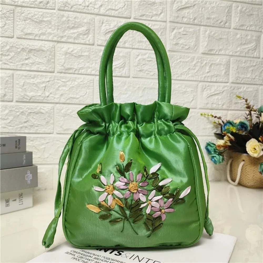 Embroidered Flower Pattern Women Bucket Bag National Style Small Ladies Handbag Phone Bag Dacron Top Handle Bag