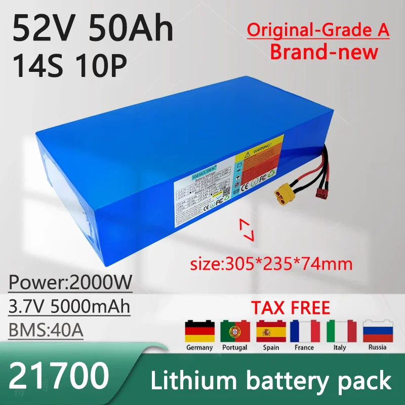 

52V 50Ah 21700 14S10P Lithium Ion Battery Pack 2000W Power Tool Batteries Outdoor Backup Batteries With 40A BMS+58.8V 5A charger