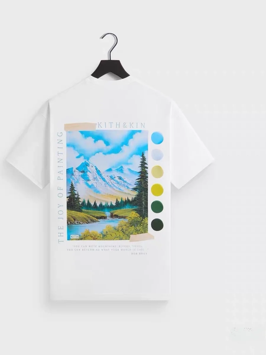 American Streetwear Kith Collaborative Bob Ross Landscape Painting Breathable round Neck Pure Cotton 3D Tailoring Short Sleev...
