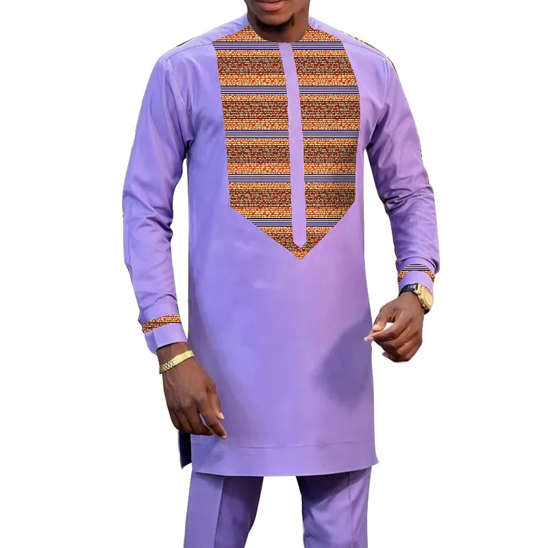 Traje de novio púrpura rosado para hombre, camisas de retazos con pantalones sólidos, moda nigeriana, trajes de boda africanos