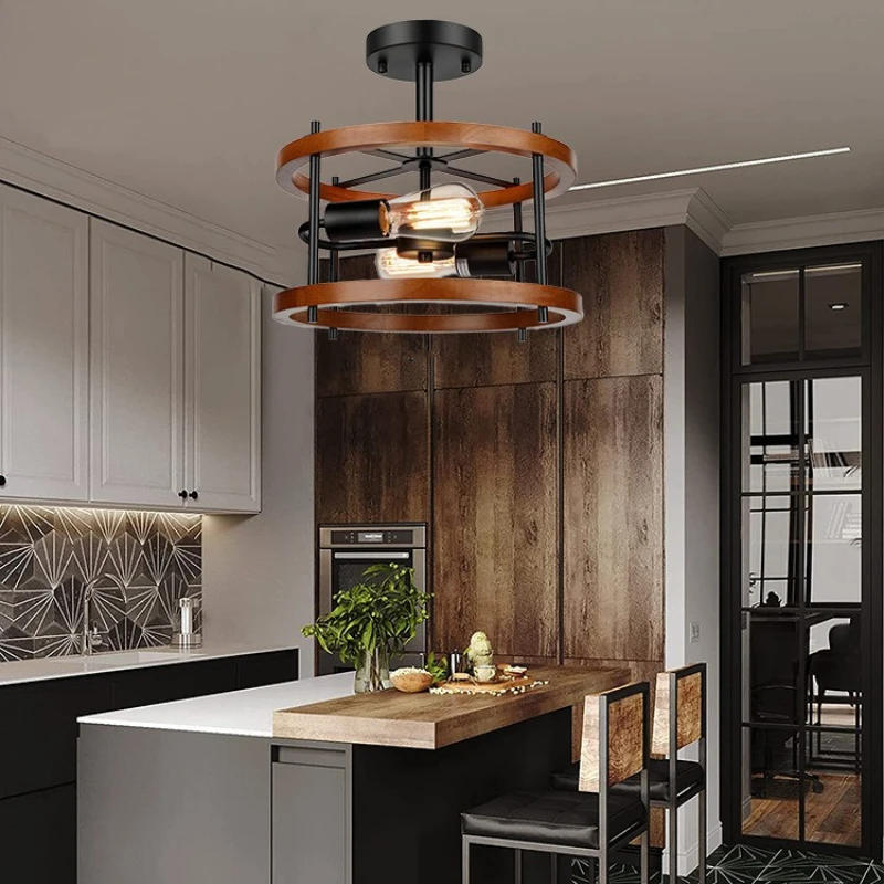 American Vintage Semi-Embedded Pendant Lights Cherry Wood Industrial Style Chandeliers Bar Counter Restaurant Dining Room Lamps