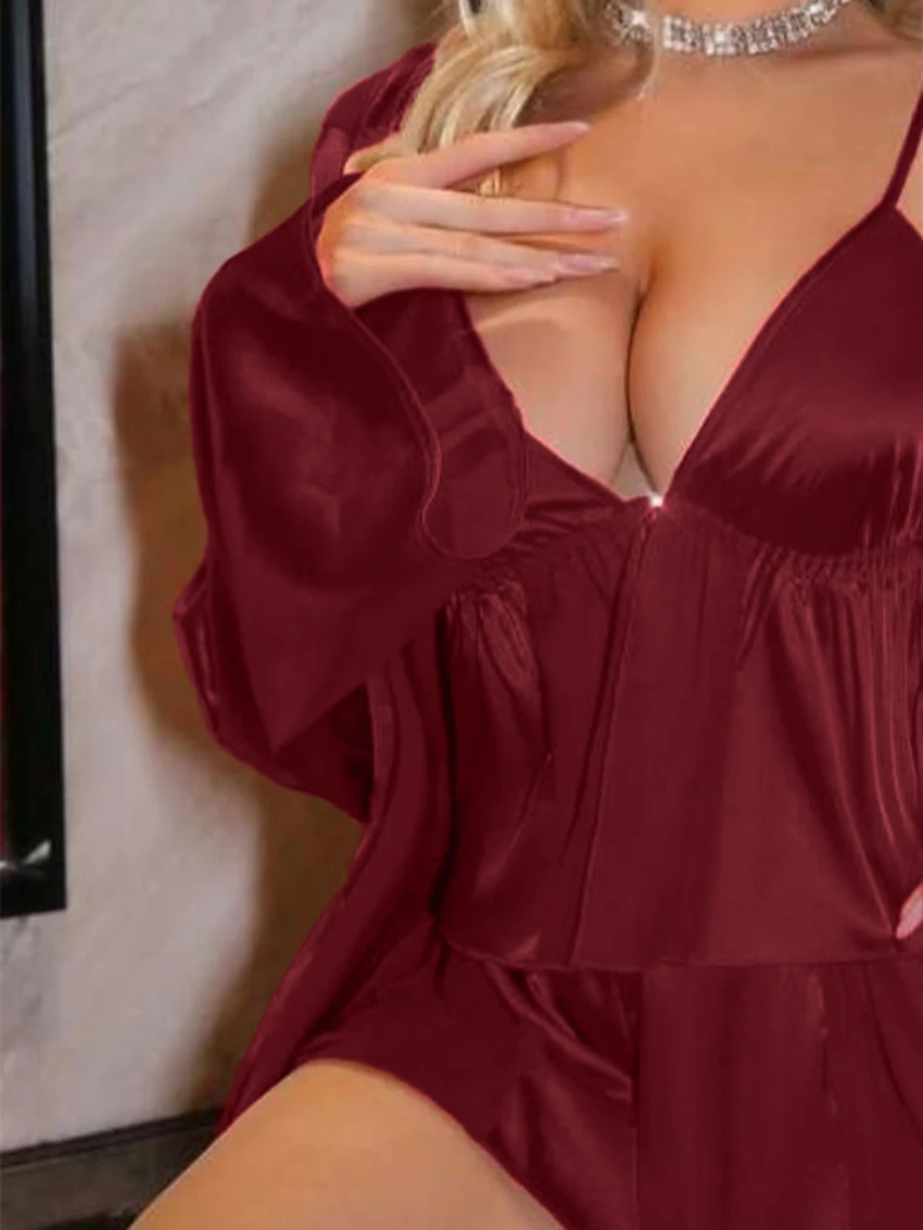 Marthaqiqi Summer Ladies Sleepwear Sets Long Sleeve Robe Spaghetti Strap Pajama Tank Top Nightwear Shorts Nightgown 3 Piece Suit