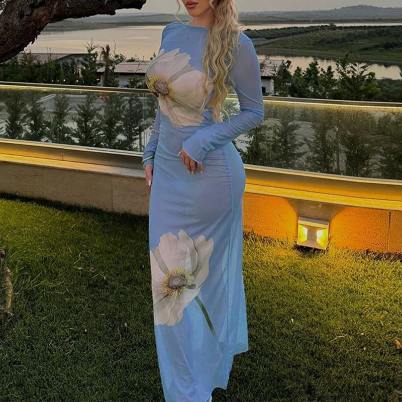 OMSJ バケーションパーティー女性の花柄メッシュシアーセクシーなスリムオープンバック長袖レースチャーミングブルーマキシドレスビーチウェア